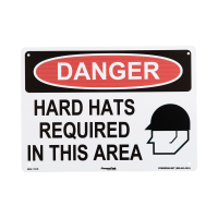 Sign, "Danger Hard Hats Required", with Hat Graphic, Rigid Plastic, Pre-Drilled Holes, 10" x 14"