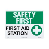 Sign, "Safety First First Aid Station", Rigid Plastic, Pre-Drilled Holes, 10" x 14"