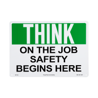 Sign, "Think On The Job Safety Begins Here", Rigid Plastic, Pre-Drilled Holes, 10" x 14"