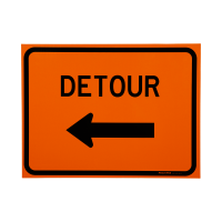 Sign, "Detour" with Left Arrow (symbol), Black on Orange, Plywood, 18" x 24"