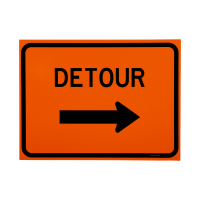 Sign, "Detour" with Right Arrow (symbol), Black on Orange, Plywood, 18" x 24"